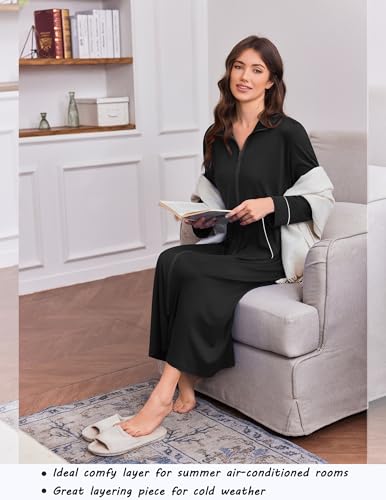 Image of Ekouaer Zipper Robes for Women Long Sleeve Lightweight House Coats with Pockets Zip Up Bathrobe Loungewear S-3XL