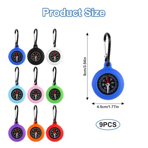 9 Stück Bunte Kompass Kinder, Tragbar Wasserdichter Mini Kompass mit Karabinerhaken, Multifunktionaler Kompass Schlüsselanhänger, Kompas Anhänger für Outdoor Ferienlager Camping Wandern Reisen
