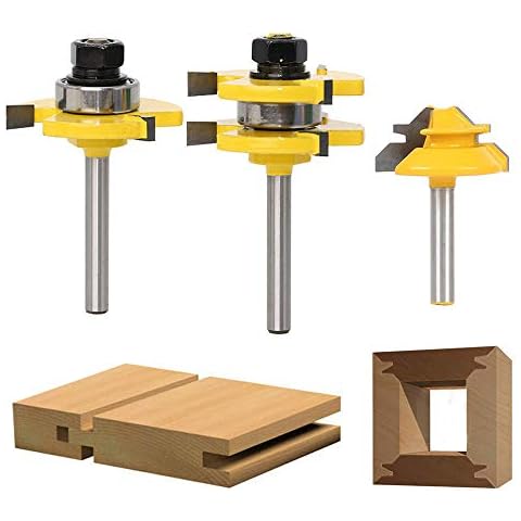 ASNOMY 3Pcs 1/4 Inch Shank Joint Router Bit Set, 45 Degree Lock Miter Joint Router Bits + 2 Pieces Tongue and Groove Set, 3 Teeth Adjustable T Shape Wood Milling Cutting Tools Cover