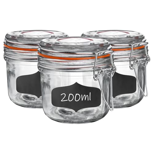 Argon Tableware Glass Jars with Airtight Metal Clip Lid & Chalkboard Stickers - 200ml/6.7oz - 6 Pack - 4 Colour Seals - Kitchen Container Round Preserving Jar for Pickling, Chutney, Jam, Coffee