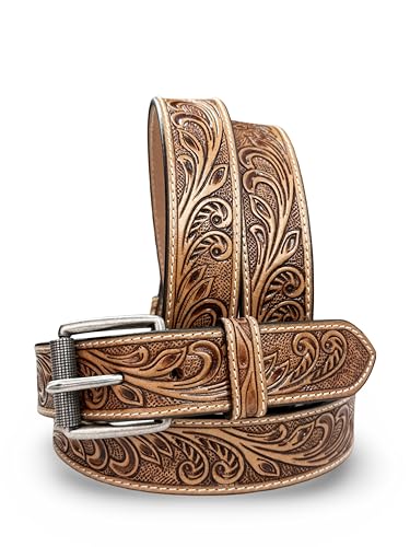Western Belt for Men Full Grain One Piece Leather Handmade Belt with Buckle 1.5” Wide Tooled Embossed