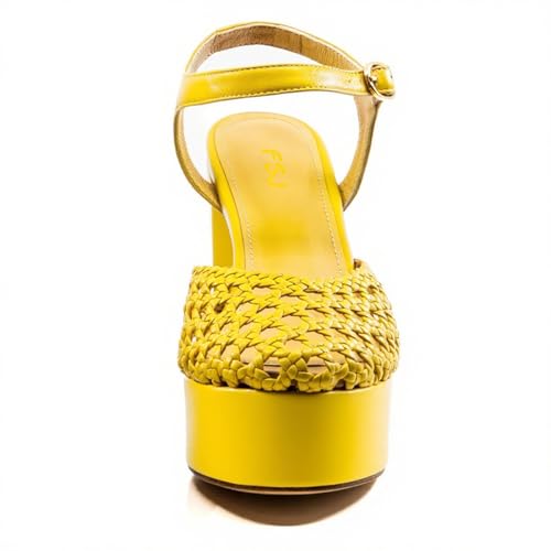 FSJ Women Closed Toe Woven Sandals Summer Platform Chunky High Heel Ankle Strap Chic Hollow Braided Breathable Wedding Shoes Size 4-16 US3