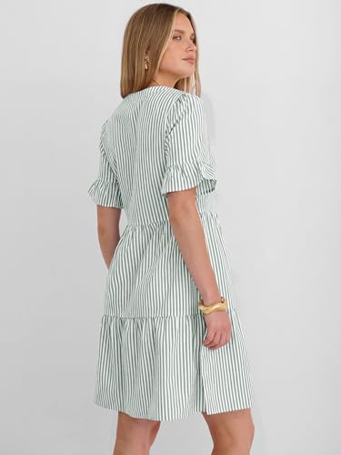 Image of Caracilia Dresses for Women Summer 2026 Striped V Neck Ruffle Sleeve A Line Tiered Flowy Casual Mini Beach Dress with Pockets