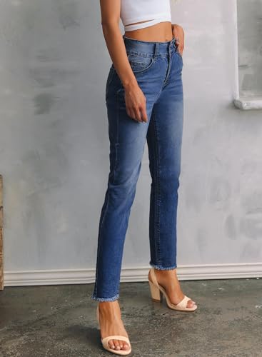 Sidefeel Women's High Waisted Jeans Strechy Fashion Raw Hem Straight Leg Ankle Denim Pants with Pockets4
