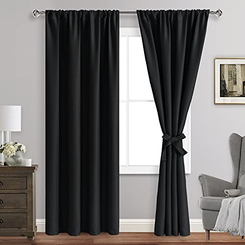 JIUZHEN Blackout Curtains 84 Inch Length 2 Panels Set - Halloween Rod Pocket Room Darkening Curtains with Tiebacks, Thermal Insulated Black Curtains for Bedroom Living Room, 42 x 84 Inches