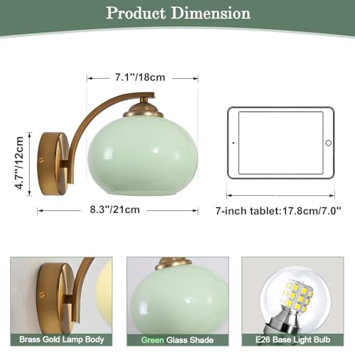 Image of Vintage Green Glass Wall Sconce Brass Gold Wall Light Fixture Hardwired Mid Century Modern Bathroom Vanity Light Fixture