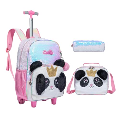 Mochila Rodinha Escolar Infantil de Lancheira e Estojo Lápis Ideal para Meninos e Meninas de 7 a 12 Anos (panda)