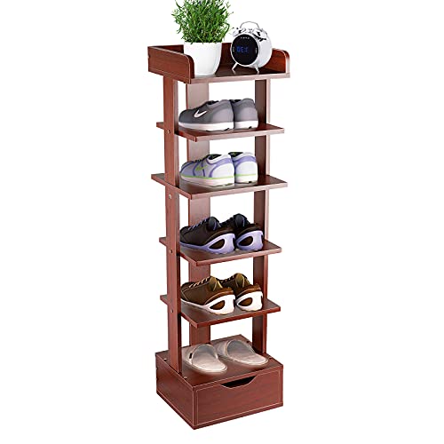 Jolensoy Vertical Shoe Rack, 6 Tier Narrow Shoe Rack for Entryway Space Saving Shoe Storage Organizer with Drawer for Entryway and Front Door (Brown) Jolensoy Vertical Shoe Rack, 6 Tier Narrow Shoe Rack for Entryway Space Saving Shoe Storage Organizer with Drawer for Entryway and Front Door (Brown)