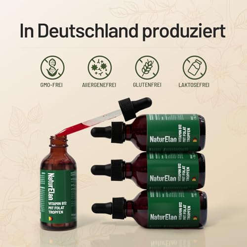Vitamin B12 Hochdosiert Tropfen - 500µg B12 und 60µg Folsäure pro Tagesdosis, 3 Aktivformen B12 und bioaktive Folsäure, 50ml, Ohne synthetische Zusätze, Vegan, in Deutschland Produziert NaturElan