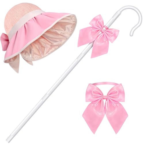 Yanbuny 3 Pcs Shepherdess Costume Set Include Pink Bonnet Staff and Bowtie for Women Halloween Party Cosplay