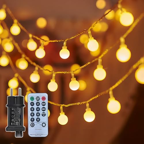 taiyongkang Guirlande Lumineuse Extérieure 15M 100LED Blanc Chaud, Boules Blanches, avec Prise et Télécommande, 8 Modes, Étanche IP44 pour Jardin, Balcon,...