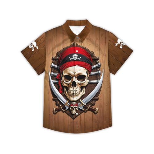 Image of THE PIRATE KING Funny Pirate Hawaiian Shirt Boys Girls Beach Tropical Casual Short Sleeve Button Down Shirt for 5-14 Years