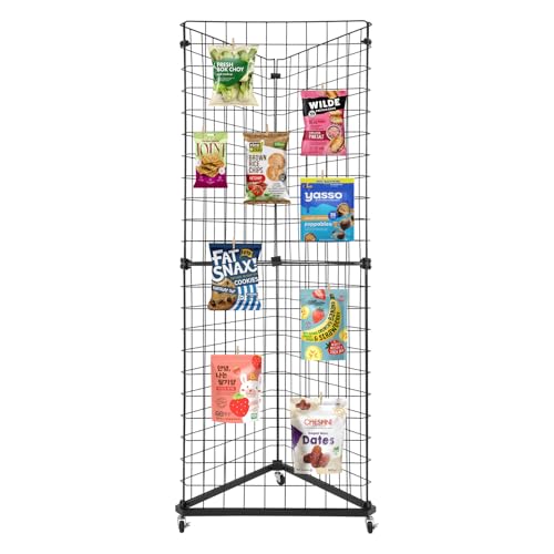 FURNITLEG Wire Grid Panel Tower, Triangle Display Stand with Base and Casters, Wire Grid Wall Display Rack, Black, Triangular Gridwall Panel Stand for Home Organization, Retail, Trade Show, Vendor