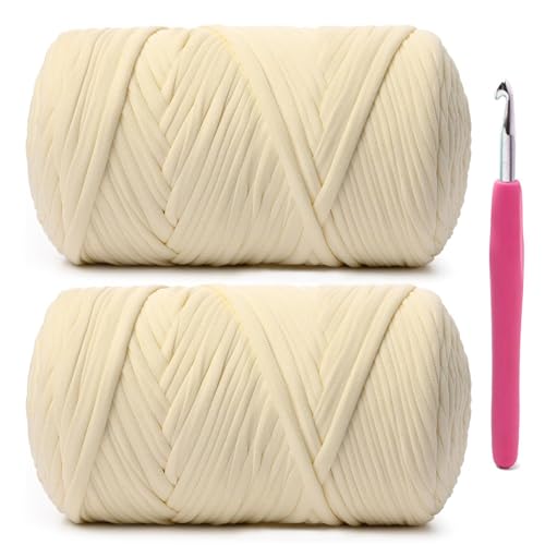 Image of 2 Pack Soft Tshirt Crochet Yarn, 800g /228yds High Elastic Hand Knitting Yarns, Thick T Shirt Yarn for Crocheting Bags, Baskets, Cushions, DIY Crafts (Milky White + Milky White)