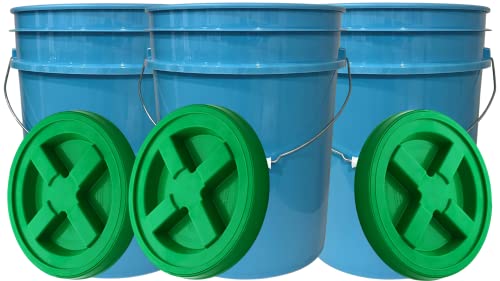House Naturals 5 Gallon Food Grade Plastic Bucket with Screw on Air Tight Lid, Made in USA pails (Pack of 3) (Light Blue- Green Lids)