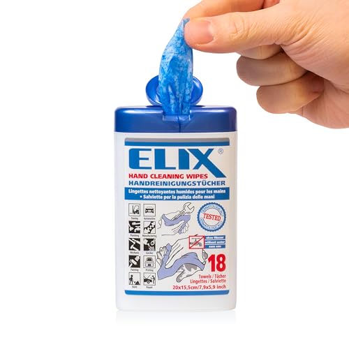 ELIX Handreinigungstücher - Feuchte Reinigungstücher – Handreinigungstücher Werkstatt und Haushalt – Putztücher im Spender – 18 Reinigungstücher Hände 20 * 15,5 cm Blau - Für zu Hause und Unterwegs