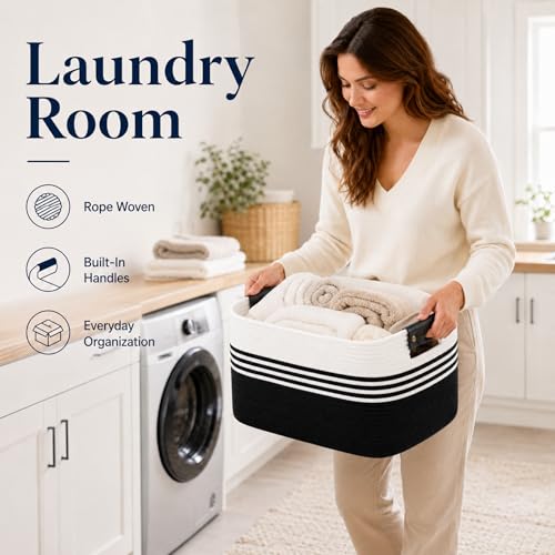 Image of Cotton Rope Laundry Basket Extra Large, 22.8GAL Collapsible Woven Storage Baskets for Living Room Kids Toys Stuffed Animal,Boho Rectangular Decorative Hamper for Dirty Clothes, Blankets White Black