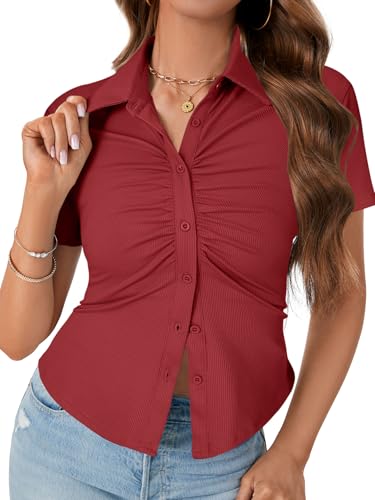 LYANER Womens Collar V Neck Button Slim Fitted Blouse Ribbed Knit Short Sleeve Shirt Going Out Top Burgundy Large