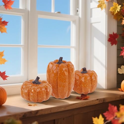 Image of winemana Pumpkins Fall Decor Set of 3, Orange | Artificial Resin, Farmhouse Style, Thanksgiving Table Centerpiece, For Home Mantel Porch Office, Autumn Harvest Decorations