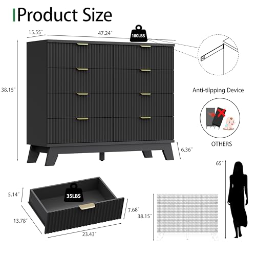 Image of Fluted Dresser for Bedroom with 8 Drawers, 48 inch Wide Modern Chest of Drawers with Metal Handle, Wooden Dresser TV Stand, Wood Closet Clothes Storage Drawer Organizer for Living Room, Hallway, Black