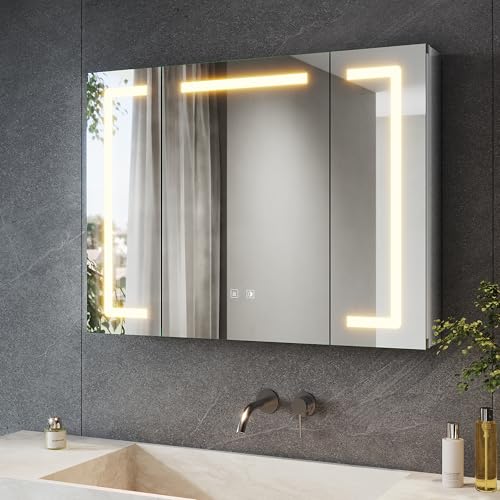 SONNI Spiegelschrank mit Beleuchtung 80x60 cm, 3 Türen LED Spiegelschrank Bad mit Anti-Beschlag, Steckdose, 3 Lichtfarben, Dimmbar, Aluminum, IP44 Wasserciht
