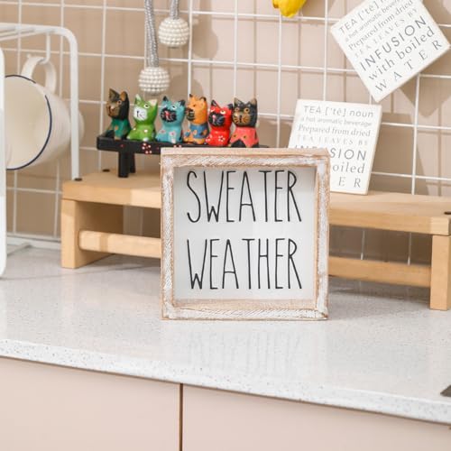 Image of Embossed Sweater Weather Sign, Rustic Fall Decorations for Home, Fall Centerpieces for Table Cubicle Desk Mantel Fireplace, Autumn Tiered Tray Decor