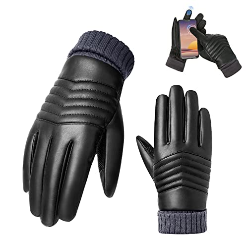 LSAMA Winter Fahrradhandschuhe Touchscreen Winter Leder Handschuhe Thermogefüttert Wasserdicht Handschuh Anti-Rutsch Winddicht Outdoor Thermo Handschuhe für Motorrad Fahren Reiten (Schwarz) Cover