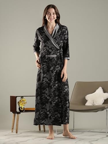 Image of 9shines Label Stylish Cotton Nighty Robe for Women | Front Open Floral Housecoat | Wrap Nighty with Pocket | Adjustable Waist Tie | Plus Size housecoat (HC-2026)