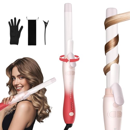 Rotating Hair Curler Curling Wand with Short Clamp Automatic Curling Tongs 1 Inch Creates Loose Curls for Medium and Long Hair Extra-Long Barrel Curling Iron Double Ceramic Dual Voltage Pink Red