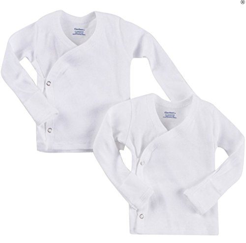 Gerber Unisex-Baby 2 Pack Long Sleeve Side Snap Mitten Cuffs Shirt- Preemie White
