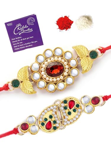 Image of Sukkhi Elegant Kundan Designer Gold Plated Premium Rakhi for Brother, Roli Chawal & Greeting Card | Combo-Set of 2
