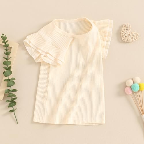 Toddler Girls Basic T-Shirts Top Ruffle Sleeve Crew-Neck Ribbed Knitted Cotton Kids Plain Shirts Summer Tops2