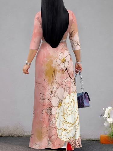 Image of Plus Size Dresses for Women Floral Print Maxi Dress Flowy 3 /4 Sleeve with Belt