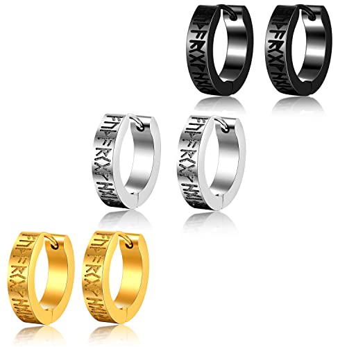 SIISPRI Viking Earrings for Men Women, Norse Viking Hoop Earrings Rune Carved Design Amulet Protection Huggie Hoops Earrings Jewelry Gift,Black/Silver/Gold Plated (Black/Silver/Gold-3 Pairs)