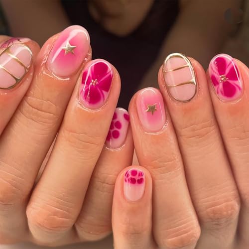 CharmBurst 24 Piezas de uñas postizas en Forma de Almendra, uñas acrílicas Brillantes con diseño Floral, uñas de Primavera y Verano para Pegar, Puntas de uñas Falsas de Cobertura Total