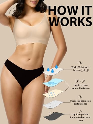 Image of Seamless Thong Period Underwear for Women Teens Light Flow Moisture Wicking Side Leak Prevention Panties 3 Pack