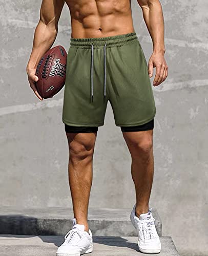 Fasker Mens Workout Shorts, 2 In 1 Mesh Quick Dry Athletic Shorts 7" Gym Yoga Running Shorts With Pockets,Army Green,Xl #TOP4
