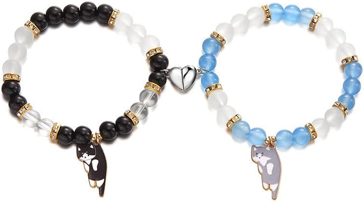 Couples Bead Friendship Bracelets 2 Pcs Cute Cat Friendship Kawaii Cartoon Animal Heart Matching Elastic BFF Bracelets Relationship Jewelry Gifts