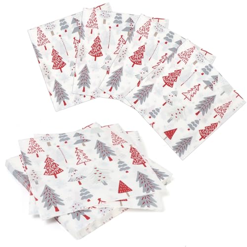 PARTY GO Servilletas Navidad, 40 Unidades 33 x 33 cm Servilletas,Patrón De Árbol De Navidad Blanco,Para Decorar La Mesa En Navidad