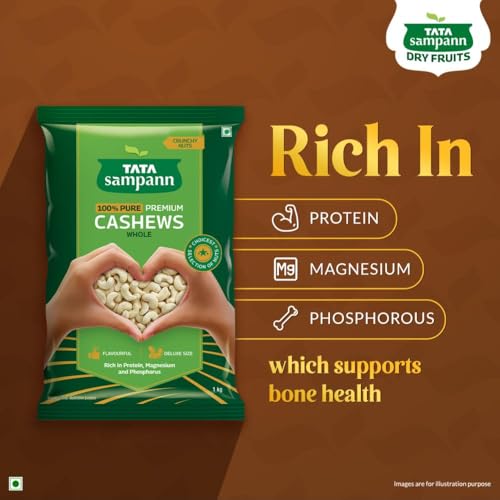 Image of Tata Sampann Pure Cashews Whole, Kaju, 1 Kg, Nutritious & Delicious, Rich In Protein, Magnesium & Phosphorus, Deluxe Size & Crunchy Nuts (Pack of 2)