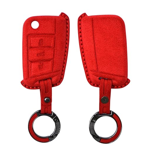 Image of KMH Alcantara Car Key Cover Compatible with Volkswagen Polo Vento Jetta Ameo Passat and Skoda Rapid Laura Superb Octavia Fabia Yeti 3 Button Shell Case Keycover with Keychain (D1) Red - Pack of 2
