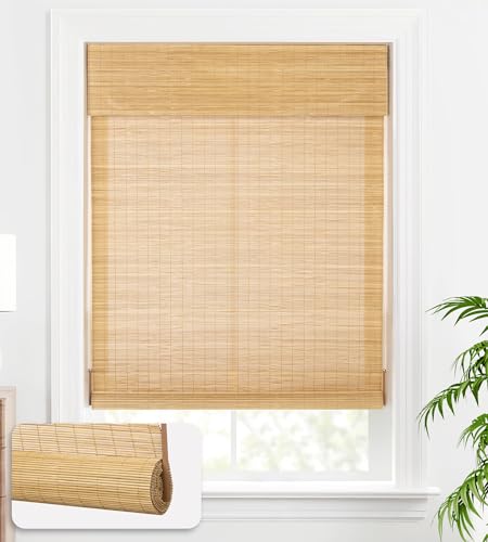 LazBlinds Cordless Bamboo Blinds, Bamboo Roll Up Shades for Windows, Light Filtering Wood Window Blinds for Indoor Home- Size: 33