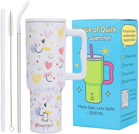 House of Quirk 1200ML Stainless Steel Tumbler with Handle & Lid, 2 Straws – Large Travel Mug Water Cup for Gym, Office & Outdoor Use (White Heart)