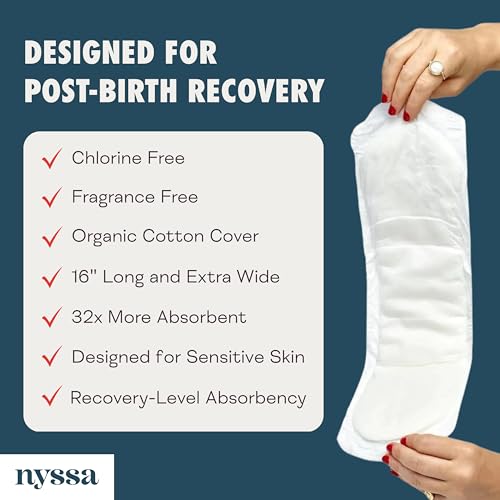 Image of Nyssa Postpartum Pads, 16 inch Long, Ultra-Absorbent Organic Cotton, 2 Pack (16 Pads Total)