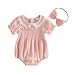 Summffie Newborn Baby Girl Bubble Romper Summer Clothes Cotton Linen Short Sleeve Smocked Jumpsuit Headband Infant Outfit (Pink, 12-18 Months)