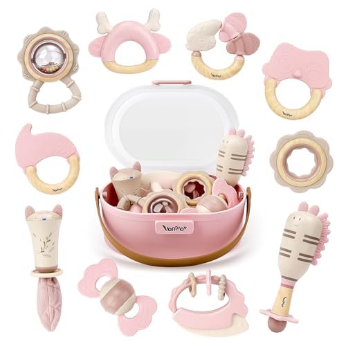 Juguetes Bebes 6-12 Meses Sonajero Bebe 0-3 Meses Sonajero Mordedor Bebe Montessori Sensoriales Juguetes de Dentición con Caja de Almacenamiento (10 piezas)