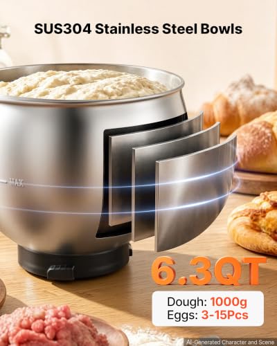Image of VEVOR 6.3 Qt 3-in-1 Tilt Head Stand Mixer 400W Electric Dough Mixer, Multifunctional Food Kitchen Mixer with Stainless Steel Bowl, Meat Grinder and Blender Attachments, Dough Hook, Whisk, Beater