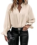Valphsio Women's Flared Sleeves Tops V Neck Workwear Casual Loose Chiffon Blouses Shirt Khaki