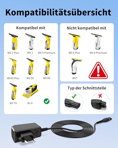 5,5V 0,6A Ladekabel Ladegerät Netzteil Passend für Kärcher Fensterreiniger WV2, WV2 Plus, WV5, WV5 Premium, WV Classic, WV Easy, KV4, KWI 1, WV1, WV1 Plus - Bitte Gerätemodell vor Kauf überprüfen