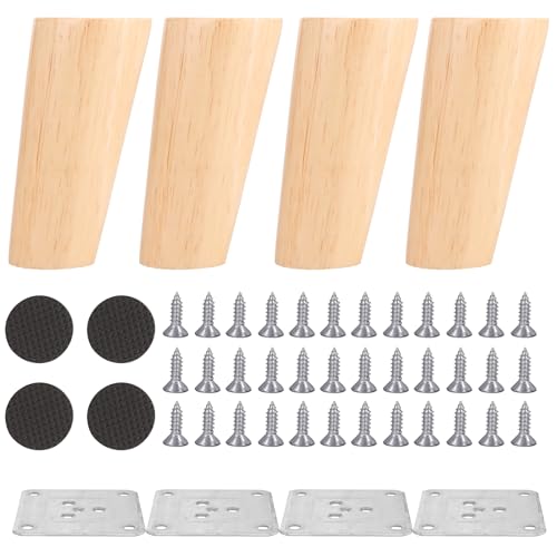 YOUNTHYE 4 patas de madera para muebles de 10 cm, inclinadas, cónicas, patas de madera maciza, patas de mesa de repuesto de roble, patas con placas de montaje y tornillos y almohadillas de fieltro